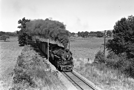 Lehigh and Hudson River Railway 2-8-0 steam locomotive no. 93 leads a freight train past semaphore signals in Wisner, New York, in September 1950. Image take from old Wisner Road overpass. Photograph by Donald W. Furler, Furler-22-031-01, © 2017, Center for Railroad Photography and Art