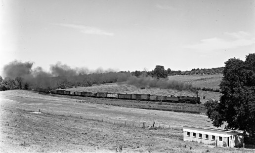 Lehigh and Hudson River Railway 2-8-2 steam locomotive no. 83 leading a freight train near Hamptonburgh, New York, east of County Road 51 and one mile west of County Road 8 in the 1940s. Photograph by Donald W. Furler, Furler-22-044-01, © 2017, Center for Railroad Photography and Art