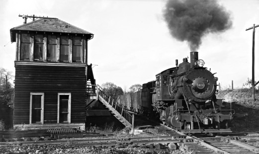 Lehigh and Hudson River Railway 2-8-0 camelback locomotive no. 63 passing the signal tower at Burnside, New York, with a six-car work train on October 19, 1946. Photograph by Donald W. Furler, Furler-24-122-01, © 2017, Center for Railroad Photography and Art
