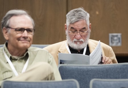 Edd Fuller and Marc Entrop wait for a presentation to begin on Sunday morning. CRP&A Conversations 2019 photograph by Henry A. Koshollek