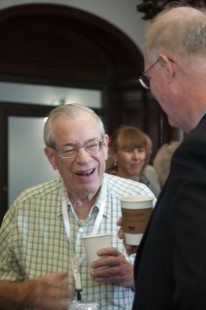 Ed Burkhart and George Hamlin chat during a break on Saturday. CRP&A Conversations 2019 photograph by Henry A. Koshollek