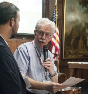 Ron Goldfeder of the Railway & Locomotive Historical Society presents Scott Lothes with an award from the R&LHS for the Center's "After Promontory" project at the Friday dinner. CRP&A Conversations 2019 photograph by Henry A. Koshollek