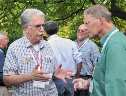 Ron Goldfeder and Dave Saums chat during the reception on Saturday. CRP&A Conversations 2019 photograph by Henry A. Koshollek