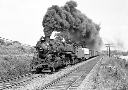 New York, Ontario and Western 4-8-2 Y-2 class steam locomotive 452 leading a westbound freight that originated in Maybrook at Stony Ford, New York, on August 30, 1942. Photograph by Donald W. Furler, Furler-13-025-01, © 2017, Center for Railroad Photography and Art