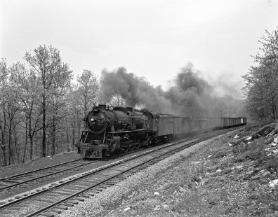 New York, Ontario and Western 2-8-2 steam lovomotive 401 leading southbound freight train LB4 at Mamakating, New York, on December 5, 1940.  Photograph by Donald W. Furler, Furler-03-084-04, © 2017, Center for Railroad Photography and Art
