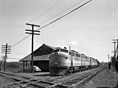 New York, Ontario and Western FT diesels 804 and 801 leading westbound freight train with 100 cars at Campbell Hall, New York, on April 14, 1946. Photograph by Donald W. Furler, Furler-03-083-04, © 2017, Center for Railroad Photography and Art