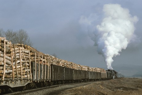 A Chinese National Railways QJ-class steam locomotive pushes southbound timber at Nancha, Heilongjiang, China, on April 7, 1988. Photograph by Katherine Botkin. BOTKINK-103-KT-37, © 1988, Katherine Botkin.
