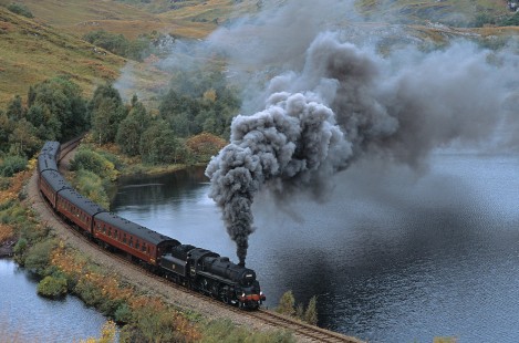 British Railways steam locomotive no. 760001 leads eastbound passenger train at Loch Eilt in the West Highlands of Scotland on October 12, 2008. Photograph by Katherine Botkin. BOTKINK-104-KT-27, © 2008, Katherine Botkin