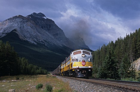 Canadian Pacific Railroad diesel locomotive no. 4106 leads passenger train near Stephen, British Columbia, Canada, on August 21, 2007. Photograph by William Botkin. © 2007, William Botkin