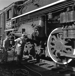 Canadian National Railway workers with steam locomotive no. 6218 at Brattleboro, Vermont, on May 29, 1966. Photograph by William Botkin. © 1966, William Botkin