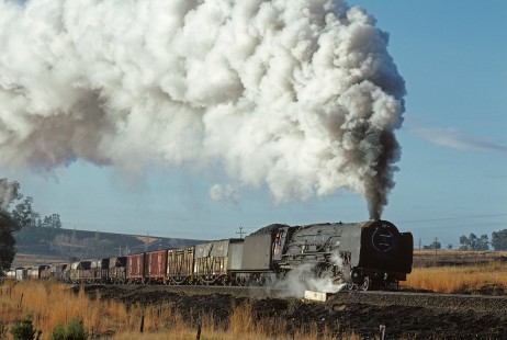 South African Railways 25NC-class steam locomotive leads a westbound freight train at Bethlehem, Orange Free State (present-day Free State), South Africa, on July 12, 1984. Photograph by Katherine Botkin. BOTKINK-113-KT-17, © 1984, Katherine Botkin.