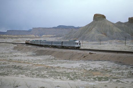 Denver and Rio Grande Western passenger train no. 17, the "Rio Grande Zephyr" at Floy, Utah, on April 2, 1983. Photograph by Kate Botkin. BOTKINK-8-KT-72, © 1983, Kate Botkin.