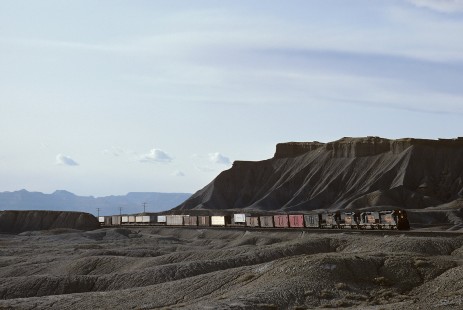 DRGW freight train led by diesel locomotive no. 5333 at Floy, Utah, on March 31, 1983. Photograph by Katherine Botkin. BOTKINK-8-KT-62, © 1983, Katherine Botkin.