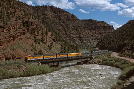 Denver and Rio Grande Western Railroad diesel locomotive no. 5711 leads passenger train no. 18, the "Rio Grande Zephyr," near Burns, Colorado, on June 15, 1975. Photograph by William Botkiin. © 2001, William Botkin