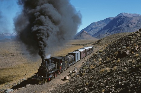 Ferrocarriles Argentinos steam locomotive no. 16 leads northbound passenger train between Nahuel Pan and La Cancha, Argentina, on March 19, 1996. Photograph by William Botkin. © 2001, William Botkin