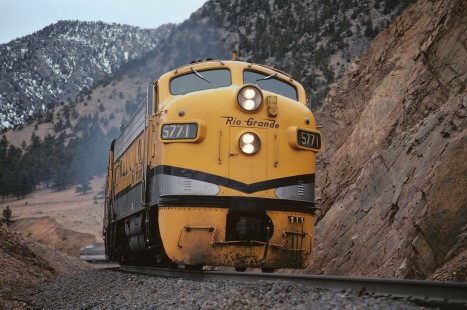 Denver and Rio Grande Western Railroad diesel locomotive no. 5771 leads passenger train no. 17, the "Rio Grande Zephyr" at Plainview, Colorado, February 19, 1983. Photograph by Katherine Botkin. BOTKINK-8-KT-49, © 1983, Katherine Botkin