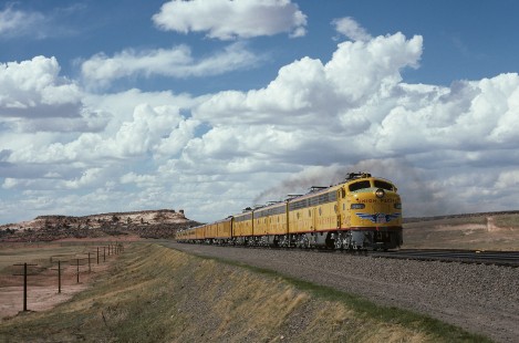 Union Pacific Railroad E-9 diesel locomotive leads eastbound David Goodheart charter train near Colores, Wyoming, on April 23, 1994. Photograph by William Botkin. © 1994, William Botkin