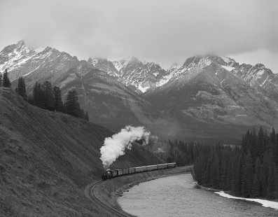 Canadian Pacific Railway steam locomotive no. 2816 leads westbound passenger train near Massive, Alberta, Canada, on May 1, 2006. Photograph by William Botkin. © 2006, William Botkin