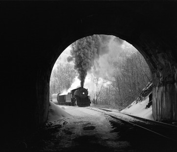 Western Maryland Railway steam locomotive no. 734 enters Brush Tunnel east of Lap,  a siding in Maryland, on January 16, 1999. Photograph by William Botkin. © 1999, William Botkin