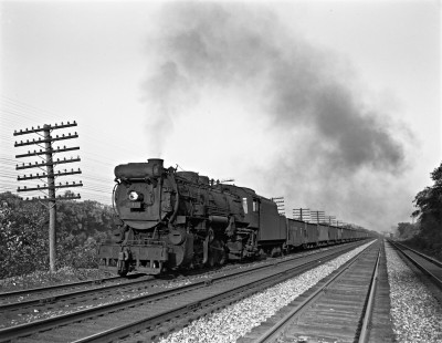 Lehigh Valley Railroad 2-8-2 steam locomotive 440 haulling a freight train west at Bethlehem, Pennsylvania, on October 6, 1940. Photograph by Donald W. Furler, Furler-03-087-03, © 2017, Center for Railroad Photography and Art