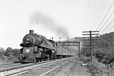 Lehigh Valley Railroad 4-6-2 K-3 steam locomotive 2033 leading train 21, the "Asa Packer," at Freemansburg, Pennsylvania, on August 31, 1946. The train's namesake was the father of the railroad and founder of Lehigh University in Bethlehem, Pennsylvania. Photograph by Donald W. Furler, Furler-12-010-01, © 2017, Center for Railroad Photography and Art