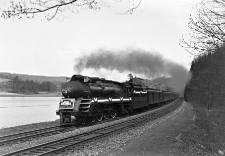 Lehigh Valley Railroad 4-6-2 K-6B steam locomotive 2093 decorated for the railroad's centennial and leading train 9, the "Black Diamond," at Rockdale, Pennsylvania, on April 21, 1946. Photograph by Donald W. Furler, Furler-12-017-01, © 2017, Center for Railroad Photography and Art