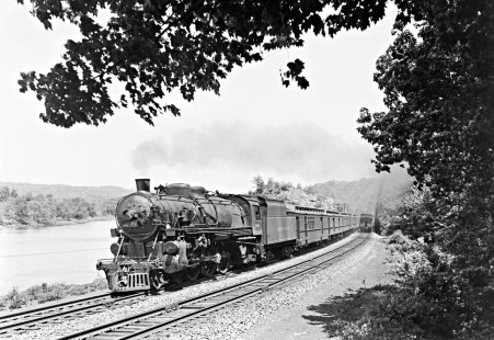 Lehigh Valley Railroad 4-6-2 K-6B steam locomotive 2095 leading train 9, the "Black Diamond," at Rockdale, Pennsylvania, on May 30, 1946. Note the caboose of a freight train receding on the other track. Photograph by Donald W. Furler, Furler-12-018-02, © 2017, Center for Railroad Photography and Art