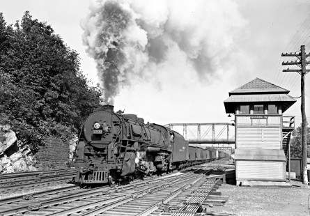 Lehigh Valley Railroad S-2 4-8-2 steam locomotive 5000 with a Lehighton-Easton freight train at Catasauqua Tower in Catasauqua, Pennsylvania, on September 15, 1946. Photograph by Donald W. Furler, Furler-12-031-02, © 2017, Center for Railroad Photography and Art