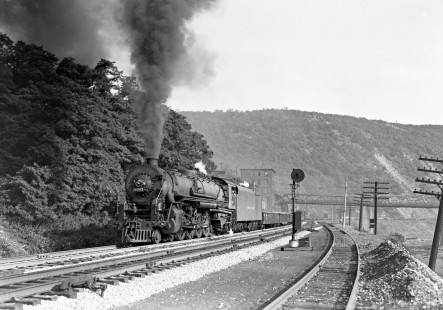 Lehigh Valley Railroad 4-8-2 S-2 steam locomotive 5003 pulling a 53-car freight train west with 4059 pushing at Mauch Chunk, Pennsylvania, on September 1, 1946. Photograph by Donald W. Furler, Furler-12-032-02, © 2017, Center for Railroad Photography and Art