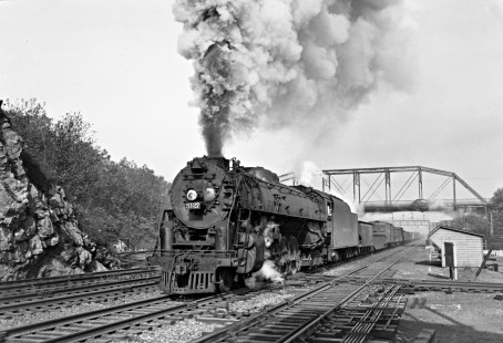 Lehigh Valley Railroad 4-8-4 T-3 steam locomotive 5127 leading a 104-car freight train east at Catasauqua, Pennsylvania, on October 6, 1946. Photograph by Donald W. Furler, Furler-12-039-01, © 2017, Center for Railroad Photography and Art