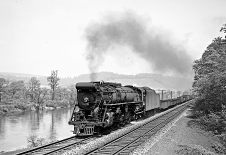 Lehigh Valley Railroad 4-8-4 T-2 steam locomotive 5201 leading a 102-car freight train west at Slatington, Pennsylvania, on May 24, 1947. Photograph by Donald W. Furler, Furler-12-041-01, © 2017, Center for Railroad Photography and Art