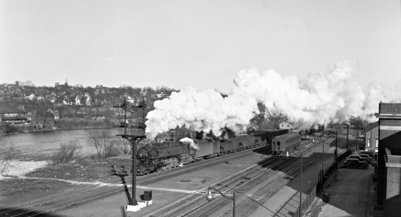 Lehigh Valley Railroad 4-8-4 T-2 steam locomotive 5215 leading a freight train west at Bethlehem, Pennsylvania, on February 3, 1946. Photograph by Donald W. Furler, Furler-12-047-02, © 2017, Center for Railroad Photography and Art