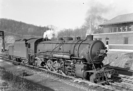 Lehigh Valley Railroad N-5b 2-8-2 steam locomotive 450 standing opposite Bellewood "OX" Tower at Pattenburg, New Jersey, on February 16, 1946. Photograph by Donald W. Furler, Furler-12-003-01, © 2017, Center for Railroad Photography and Art