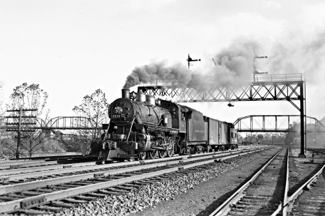 Lehigh Valley Railroad J-25 4-6-0 steam locomotive 1136 leading a local freight train west at Catasauqua, Pennsylvania, on October 26, 1946. Photograph by Donald W. Furler, Furler-12-006-02, © 2017, Center for Railroad Photography and Art