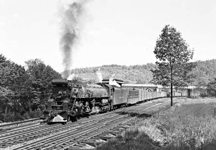 Lehigh Valley Railroad T-1 4-8-4 steam locomotive 5100 leading train JK1 west with 66 cars at Treichler, a railroad location in North Whitehall Township, Pennsylvania, on September 15, 1946. Photograph by Donald W. Furler, Furler-12-034-01, © 2017, Center for Railroad Photography and Art