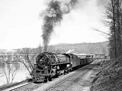 Lehigh Valley Railroad 4-8-4 T-1 steam locomotive 5107 leading a freight train west at Treichler, a railroad location in North Whitehall Township, Pennsylvania, on May 11, 1947. Photograph by Donald W. Furler, Furler-12-037-01, © 2017, Center for Railroad Photography and Art
