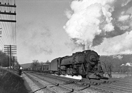 Lehigh Valley Railroad 4-8-4 T-2 steam locomotive 5210 leading a freight train east at Laurys Station, Pennsylvania, on February 2, 1946. Photograph by Donald W. Furler, Furler-12-047-01, © 2017, Center for Railroad Photography and Art