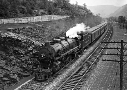 Lehigh Valley Railroad 4-6-2 K-6B steam locomotive 2099 with train 9, the "Black Diamond," west at Coalport, Pennsylvania, on June 1, 1948. Photograph by Donald W. Furler, Furler-12-053-01, © 2017, Center for Railroad Photography and Art