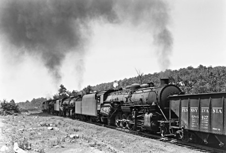 Three Lehigh Valley Railroad R-1 2-10-2 steam locomotives—4000, 4043, and 4048—pushing an ore train at Centralia, Pennsylvania, on July 24, 1949. Photograph by Donald W. Furler, Furler-22-056-01, © 2017, Center for Railroad Photography and Art