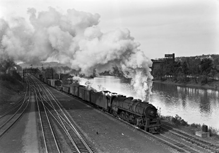 Lehigh Valley Railroad 4-8-4 T-1 steam locomotive 5110 leading a freight train east along the Lehigh River in Bethlehem, Pennsylvania, on October 10, 1948. Photograph by Donald W. Furler, Furler-22-061-01, © 2017, Center for Railroad Photography and Art