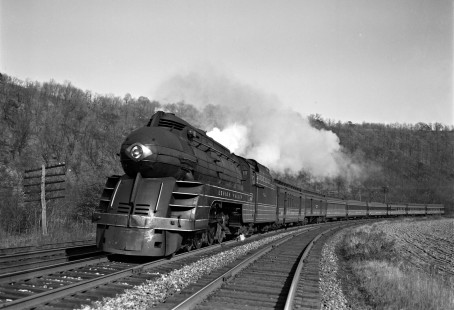 Lehigh Valley Railroad streamlined K-6 4-6-2 steam locomotive 2023 leading passenger train 9, the "Black Diamond" with all red cars, west at the railroad location of Treichler in North Whitehall Township, Pennsylvania, on November 9, 1940. Photograph by Donald W. Furler, Furler-03-090-03, © 2017, Center for Railroad Photography and Art