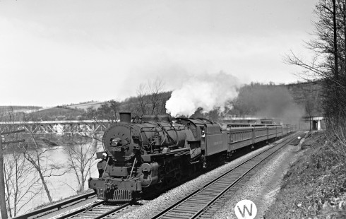 Lehigh Valley Railroad 4-6-2 K-3 steam locomotive 2024 leading train no. 21, the "Asa Packer," west at Treichler, a railroad location in North Whitehall Township, Pennsylvania, on April 21, 1946. Photograph by Donald W. Furler, Furler-12-011-01, © 2017, Center for Railroad Photography and Art