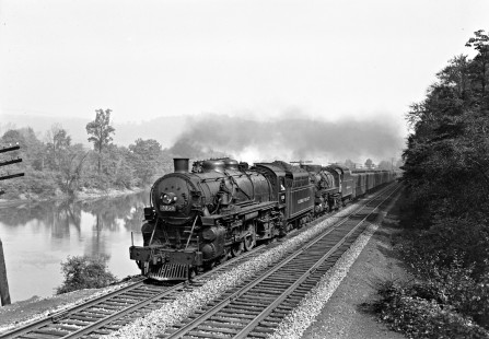 Lehigh Valley Railroad 4-6-2 steam locomotives 2059 and 2096 leading passenger train 9, the "Black Diamond," west of Rockdale, Pennsylvania, on September 28, 1946. Photograph by Donald W. Furler, Furler-12-013-01, © 2017, Center for Railroad Photography and Art