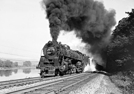 Lehigh Valley Railroad 4-8-4 T-1 steam locomotive 5107 leading a freight train west at Rockdale, Pennsylvania, on October 5, 1946. Photograph by Donald W. Furler, Furler-12-036-02, © 2017, Center for Railroad Photography and Art