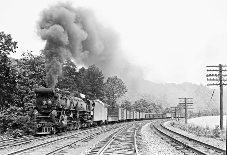 Lehigh Valley Railroad 4-8-4 T-2 steam locomotive 5202 leading a 127-car freight train west at Treichler, a railroad location in North Whitehall Township, Pennsylvania, on July 7, 1946. Photograph by Donald W. Furler, Furler-12-041-02, © 2017, Center for Railroad Photography and Art