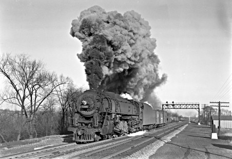 Lehigh Valley Railroad 4-8-4 T-2 steam locomotive 5206 leading a 116-car freight train west with at Pattenburg, Pennsylvania, on February 16, 1946. Photograph by Donald W. Furler, Furler-12-042-02, © 2017, Center for Railroad Photography and Art