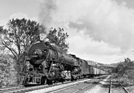Lehigh Valley Railroad 4-8-4 T-2 steam locomotive 5208 leading a freight train west at Rummerfield, Pennsylvania, on October 11, 1941. Photograph by Donald W. Furler, Furler-12-043-01, © 2017, Center for Railroad Photography and Art