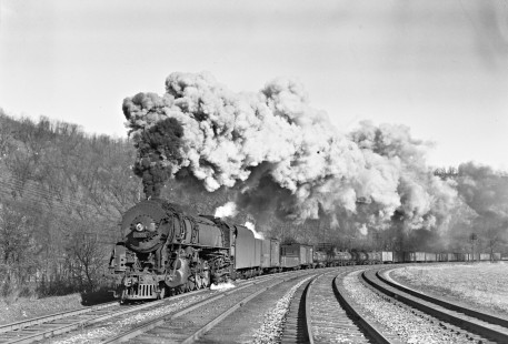 Lehigh Valley Railroad 4-8-4 T-2 steam locomotive 5208 leading a 105-car freight train west at the railroad location of Treichler in North Whitehall Township, Pennsylvania, on January 27, 1946. Photograph by Donald W. Furler, Furler-12-043-02, © 2017, Center for Railroad Photography and Art