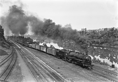 Lehigh Valley Railroad 4-6-2 K-5 steam locomotive 2102 leading a freight train west along the Lehigh River at Bethlehem, Pennsylvania, on August 28, 1949. Photograph by Donald W. Furler, Furler-22-054-02, © 2017, Center for Railroad Photography and Art