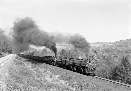 Baltimore and Ohio Railroad 2-8-8-0 steam locomotive nos. 7155 and 7170 with a 30-car freight train south at Cloe, Pennsylvania, on October 25, 1954. Photograph by Donald W. Furler, Furler-14-011-02, © 2017, Center for Railroad Photography and Art